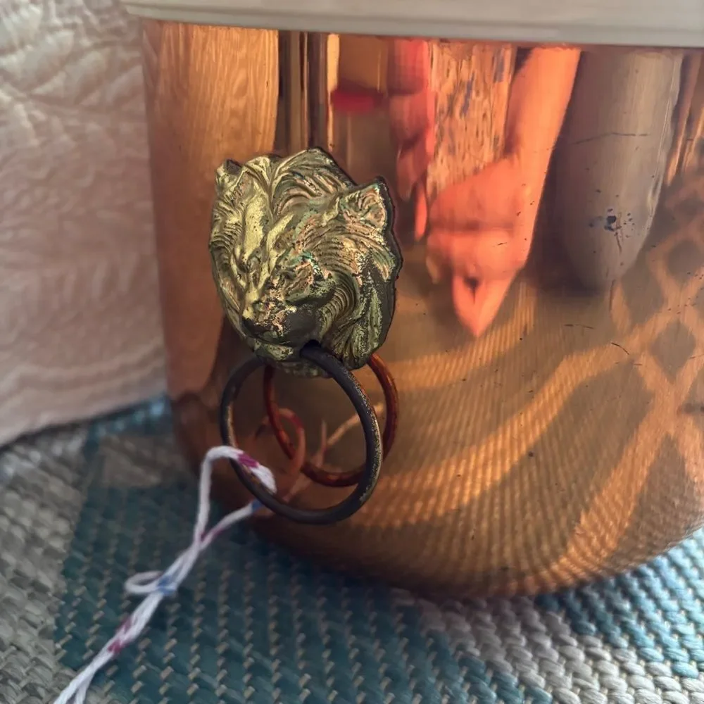 Vintage Copper ice bucket with Lid Lion head handles